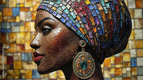 A stunning mosaic sculpture captures a woman's profile adorned with a colorful headwrap and detailed earrings, showcasing artistic craftsmanship