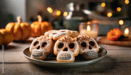 Homemade sugar skull cookies on a plate with a festive kitchen background photo