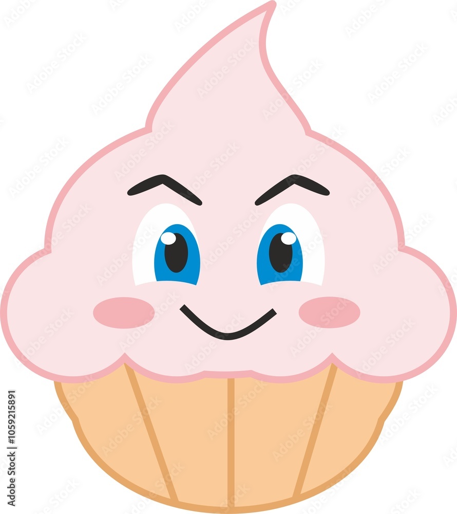 Vector illustration of a sweet pink cupcake with a cute smiling anime style face. Cartoon food and sweets illustration Vector illustration of a sweet pink cupcake with a cute smiling anime style face. Cartoon food and sweets illustration