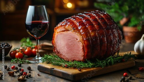 Festive holiday dinner featuring glazed ham, red wine, fresh herbs, and seaso...