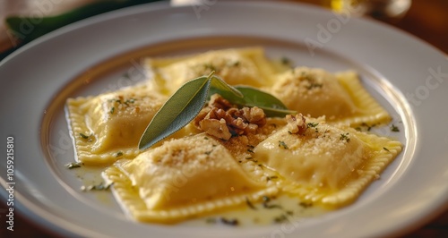 Delicious homemade ravioli served on a white plate garnished with sage and wa...