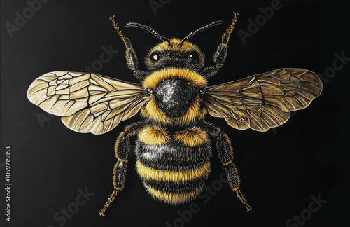 Detailed close-up of a vibrant yellow bee on a black background in natural light