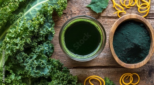 Fresh green smoothie with kale and spices on a rustic wooden table