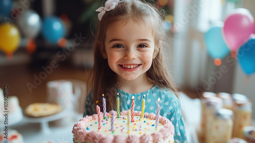 Smiling little girl posing with birthday cake 