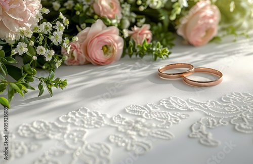 White Lace Fabric and Pink Flowers With Gold Wedding Bands on a White Background