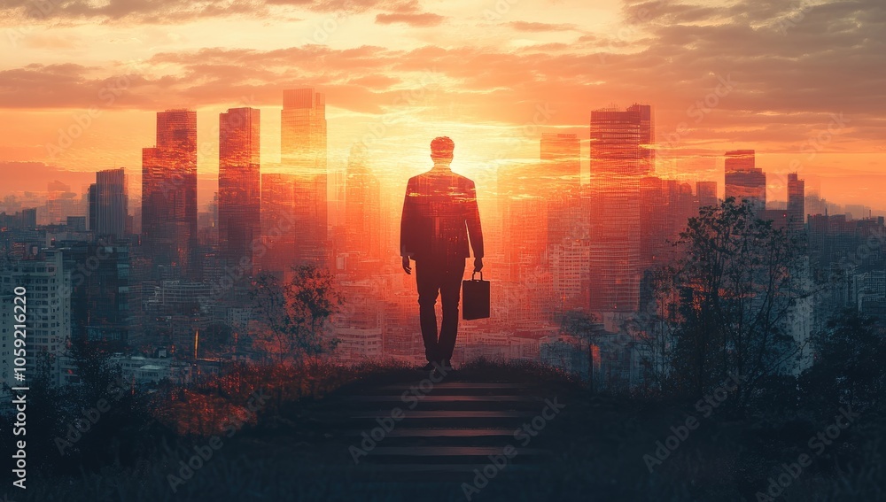 Businessman Climbing Stairs in Abstract Cityscape Symbolizing Success and Freedom Businessman Climbing Stairs in Abstract Cityscape Symbolizing Success and Freedom