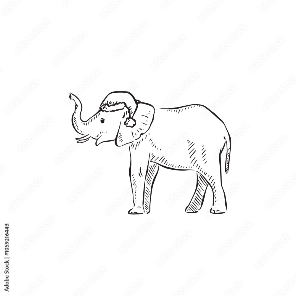 Naklejka premium A sketch of an elephant wearing a Christmas hat. Trunk in the air wide profile sketch as a vector. 