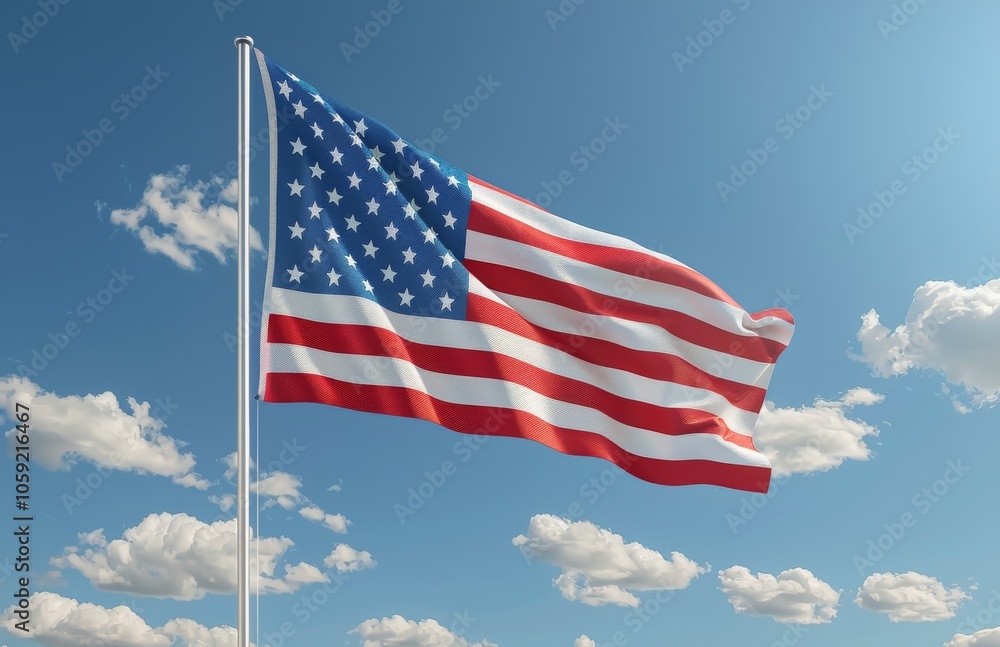 American Flag Waving in the Wind Against a Blue Sky American Flag Waving in the Wind Against a Blue Sky