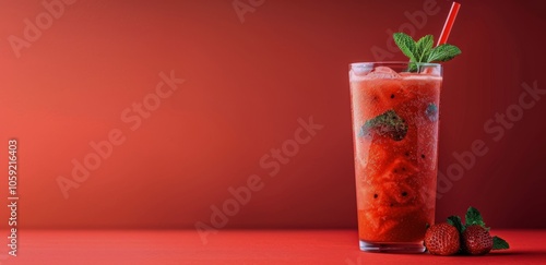 Refreshing Watermelon Drink With Mint and Straw on Red Background