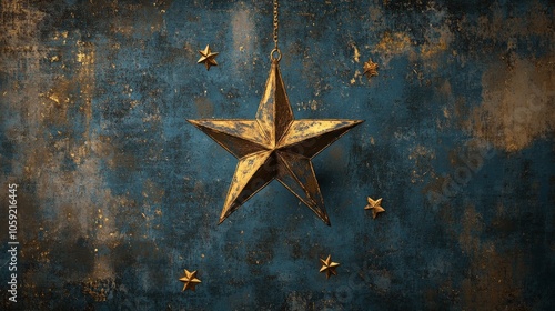 Golden star ornament on a textured blue background with decorative stars feat...