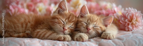 Two Adorable Kittens Sleeping Peacefully Surrounded by Delicate Pink Blossoms