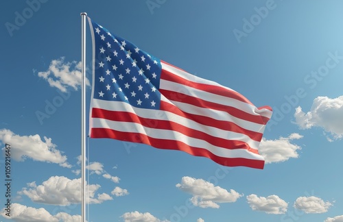 American Flag Waving in the Wind Against a Blue Sky