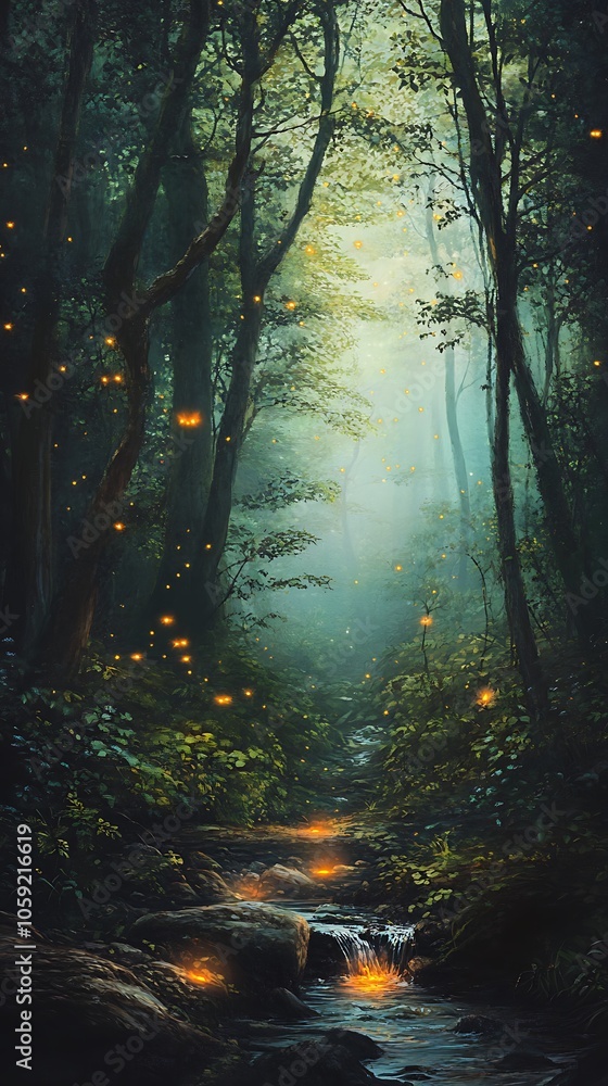 Fototapeta premium A Serene Creek Winding Through a Misty, Firefly-Lit Forest