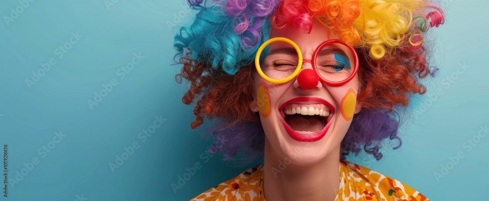 Fototapeta premium Woman Wearing Colorful Wig and Sunglasses Laughing Against Blue Background