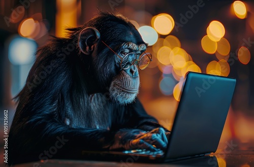 A Chimpanzee Wearing Glasses Uses A Laptop At Night