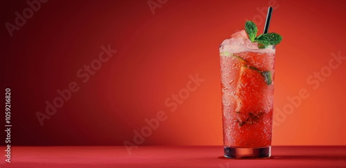 Refreshing Watermelon Drink With Mint and Straw on Red Background