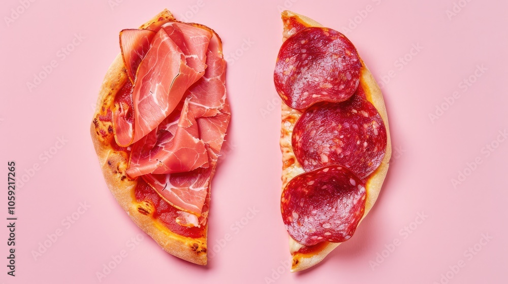 Obraz premium Contrasting pepperoni: fresh and dried on pink background