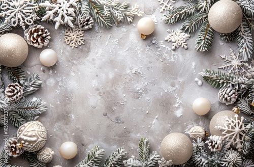 White Christmas Ornaments and Snowflakes on Grey Background