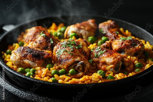 Chicken and rice dish Baked chicken rice with paprika and peas Dark background Presented on a black plate or Spanish skillet