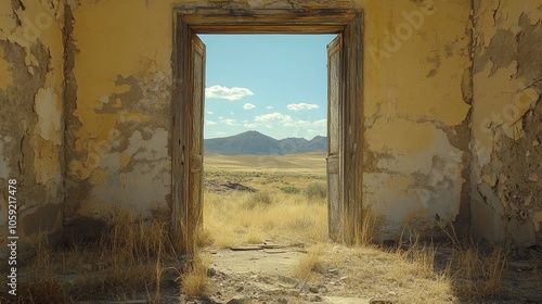 Sun sets through an archway in a weathered, abandoned building at dusk