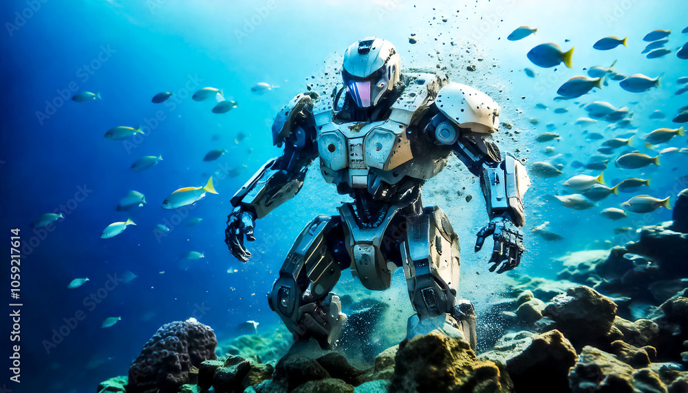 Astronaut, alien, robot in armored spacesuit in action underwater on water planet. Starship troopers, star wars, space exploration, space science. Explosion, unfriendly planet, space war Astronaut, alien, robot in armored spacesuit in action underwater on water planet. Starship troopers, star wars, space exploration, space science. Explosion, unfriendly planet, space war
