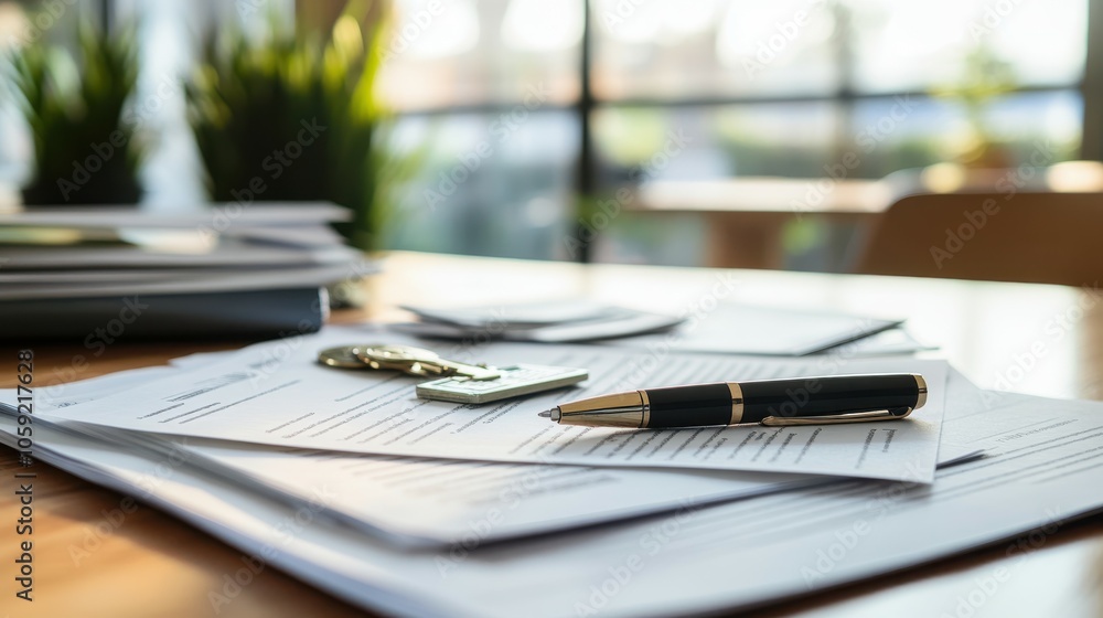 A close-up of a professional desk with mortgage approval documents, a set of house keys, and a pen resting on top, capturing the final stages of a home loan process A close-up of a professional desk with mortgage approval documents, a set of house keys, and a pen resting on top, capturing the final stages of a home loan process