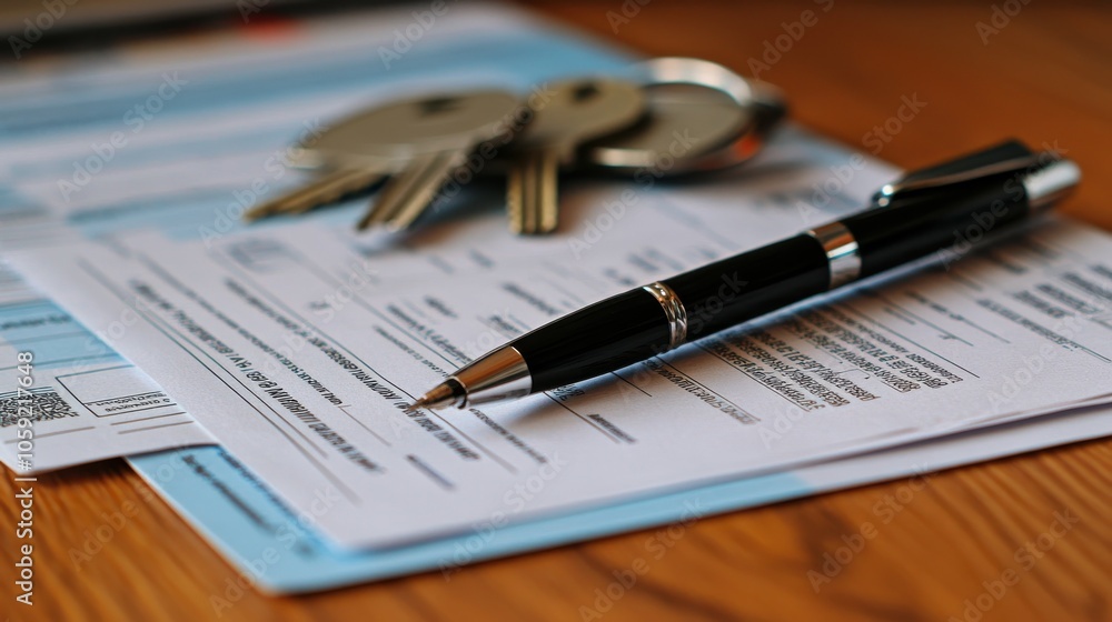 A close-up of a professional desk with mortgage approval documents, a set of house keys, and a pen resting on top, capturing the final stages of a home loan process A close-up of a professional desk with mortgage approval documents, a set of house keys, and a pen resting on top, capturing the final stages of a home loan process