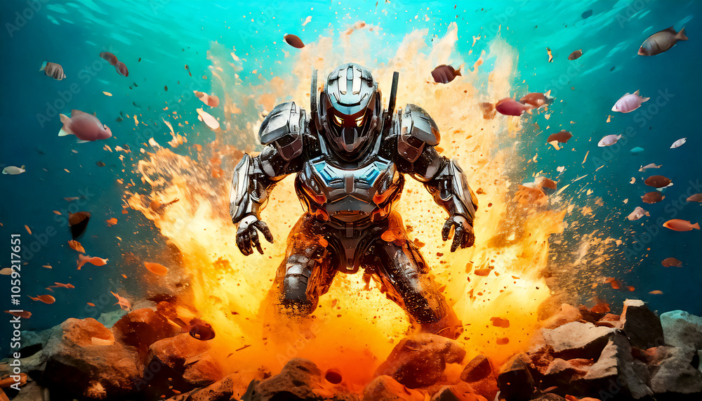 Astronaut, alien, robot in armored spacesuit in action underwater on water planet. Starship troopers, star wars, space exploration, space science. Explosion, unfriendly planet, space war Astronaut, alien, robot in armored spacesuit in action underwater on water planet. Starship troopers, star wars, space exploration, space science. Explosion, unfriendly planet, space war
