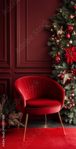Cozy red chair against a festive backdrop with Christmas decorations and a tree