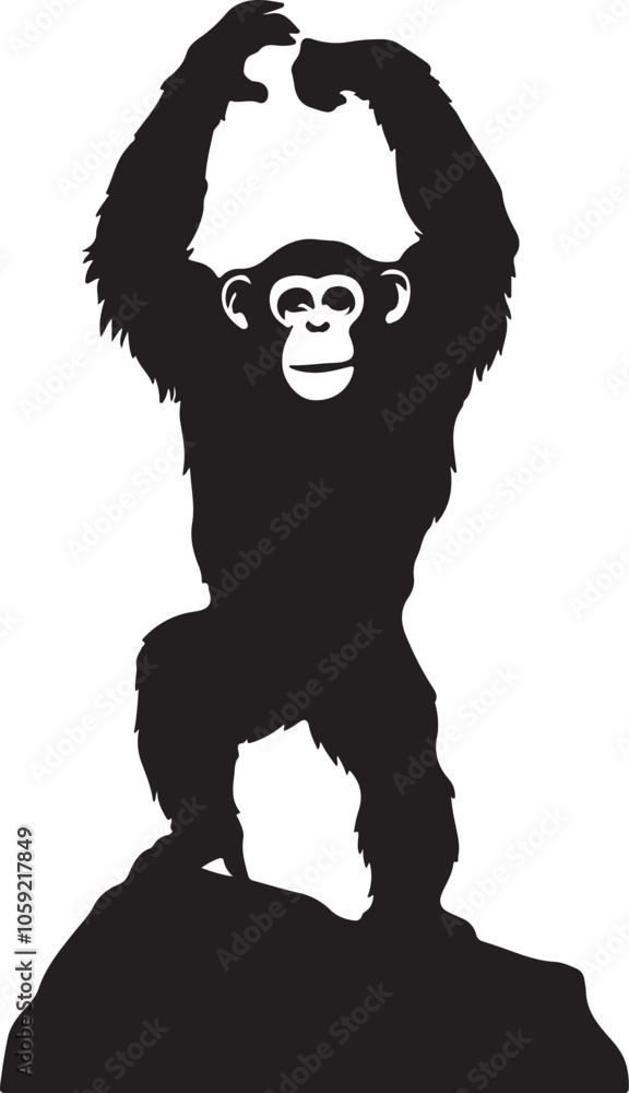 Chimpanzee silhouette vector standing majestically on a rock, perfect for wildlife, jungle, or nature-based designs