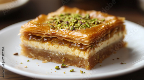 A portion of baklava with a cheesecake layer, topped with crushed pistachios