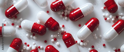 Closeup of Red and White Capsules on a White Surface
