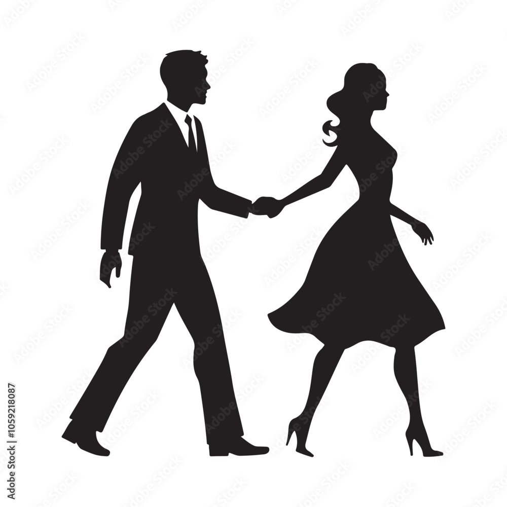 Silhouette of a romantic couple walking together, ideal for love-themed vector designs and heartwarming illustrations Silhouette of a romantic couple walking together, ideal for love-themed vector designs and heartwarming illustrations