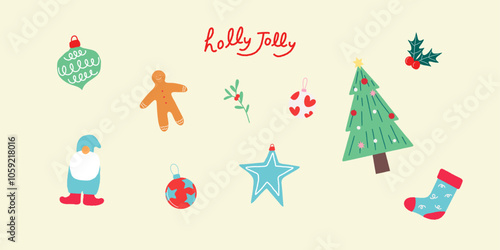 Festive Christmas icon set vector illustration. Holly Jolly, Christmas Tree, Ornaments, Gnome, Gingerbread man, sock,
