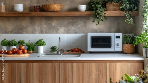 Modern kitchen with fresh herbs and vegetables displayed on a wooden countertop