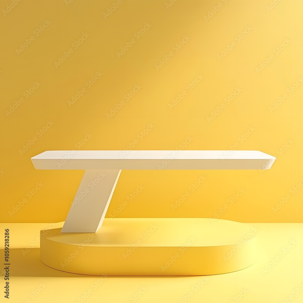 A 3D podium white rectangular table is balanced on the edge of an angled yellow platform, in a minimalist style, with a solid color background, studio lighting, soft light, delicate texture, high sat
A 3D podium white rectangular table is balanced on the edge of an angled yellow platform, in a minimalist style, with a solid color background, studio lighting, soft light, delicate texture, high sat
