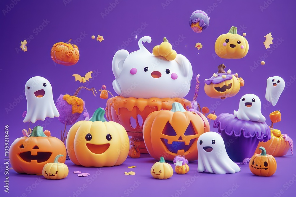3D cartoon illustration of a spooky Halloween-themed wallpaper with pumpkins, and ghosts, set against a purple background 3D cartoon illustration of a spooky Halloween-themed wallpaper with pumpkins, and ghosts, set against a purple background