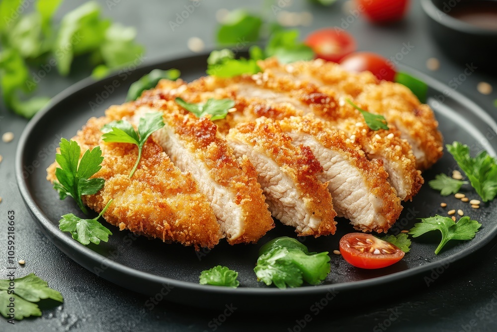 Chicken katsu is a fried chicken dish from Japan featuring panko tonkatsu sauce rice and vegetables on a concrete table Chicken katsu is a fried chicken dish from Japan featuring panko tonkatsu sauce rice and vegetables on a concrete table