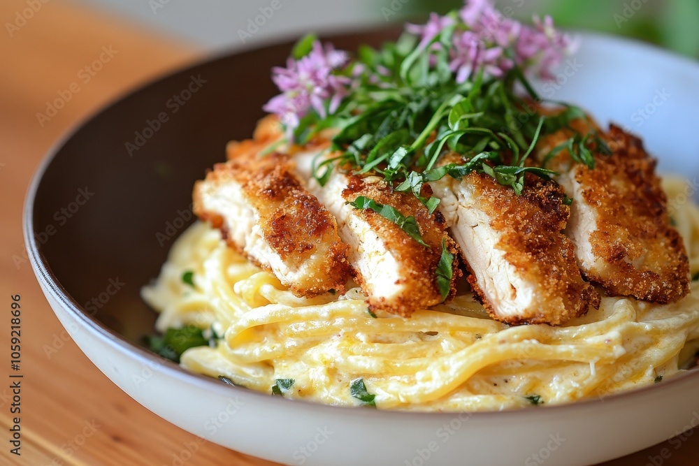 Chicken katsu mozzarella with creamy fettuccine carbonara Chicken katsu mozzarella with creamy fettuccine carbonara
