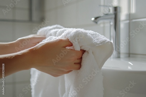 Hands of a person drying with a fluffy towel, white bathroom, natural daylight, close-up, side angle 4 photo