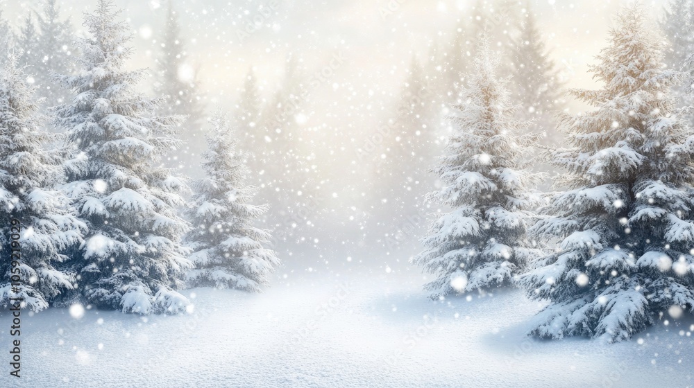 Magical Snowy Forest with Tall Evergreens and Soft Sunlight, White Winter Wonderland Forest Landscape Magical Snowy Forest with Tall Evergreens and Soft Sunlight, White Winter Wonderland Forest Landscape