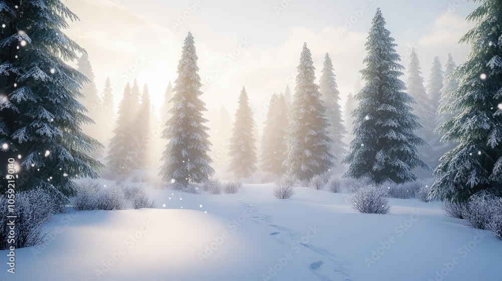 Magical Snowy Forest with Tall Evergreens and Soft Sunlight, White Winter Wonderland Forest Landscape Magical Snowy Forest with Tall Evergreens and Soft Sunlight, White Winter Wonderland Forest Landscape