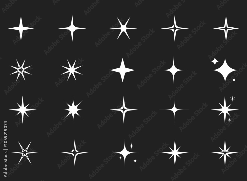 Stars. A set of editable icons. Shining stars or fireworks. Vector icon on a black background. Flat design. Stars. A set of editable icons. Shining stars or fireworks. Vector icon on a black background. Flat design.