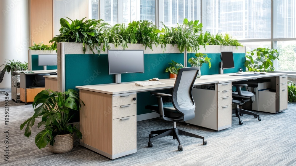 Fototapeta premium Modern office space with plants, desks, and monitors promoting a green work environment.