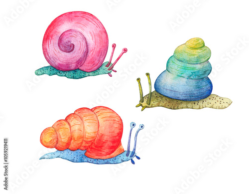 Set of funny colorful snails watercolor hand drawing illustration isolated on white. photo