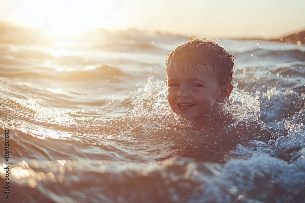 Child swimming in the ocean, joyful expression, bright sunlight, waves, splashing water, wide shot 4 Child swimming in the ocean, joyful expression, bright sunlight, waves, splashing water, wide shot 4