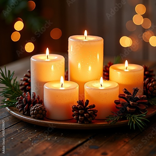 Festive candles with pine cones on wooden table