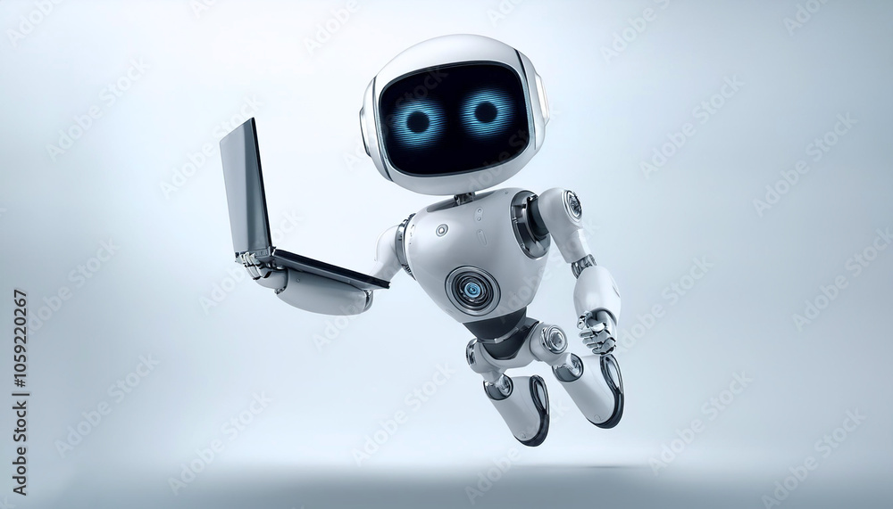 AI robot holding a laptop floating or flying isolated white background AI robot holding a laptop floating or flying isolated white background