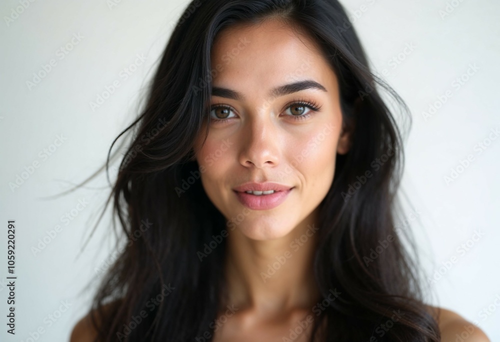 Portrait of young woman with long dark hair, soft smile, light background, natural beauty Portrait of young woman with long dark hair, soft smile, light background, natural beauty