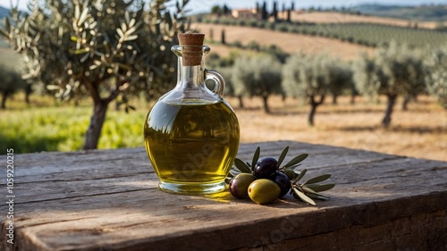 Bottle of olive oil in olive garden, views of Italy in the background. Italian olive oil
